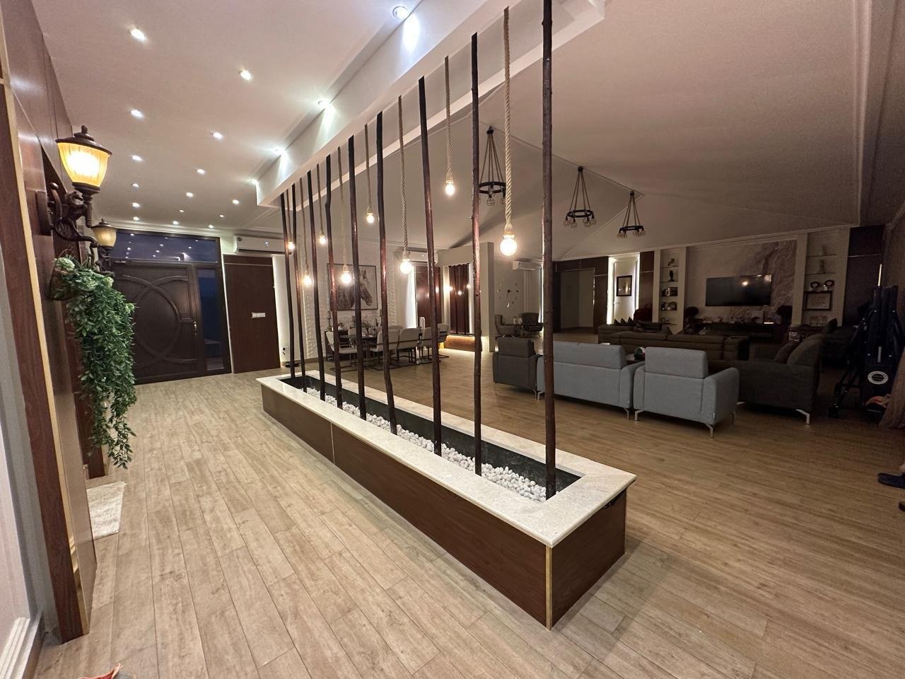 Entrance area with a raised planter, hanging bulbs and timber flooring.