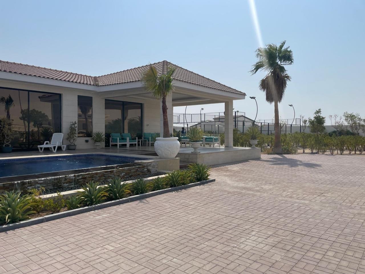 Covered pavilion terrace with seating and a tall palm beside the pool.