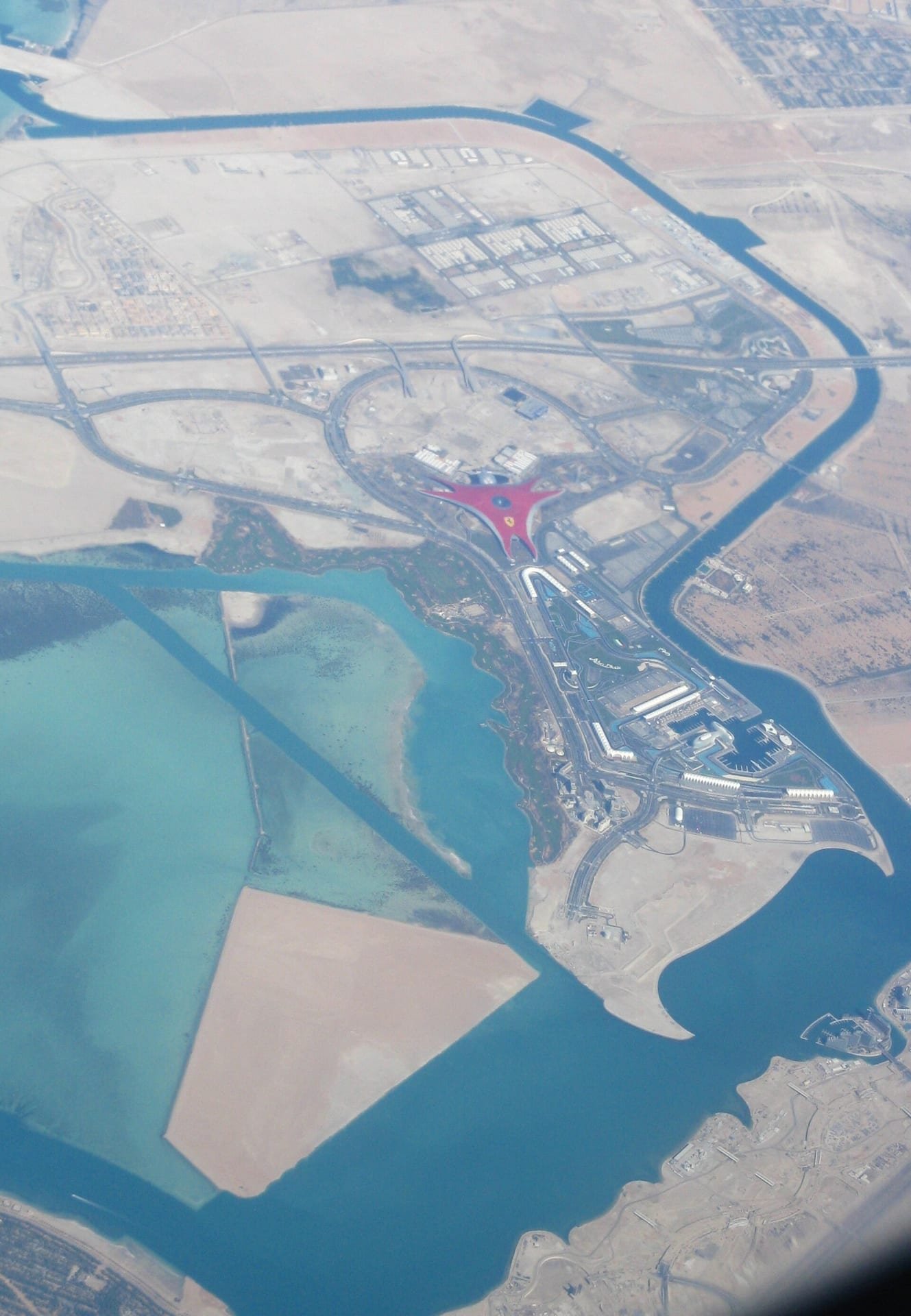 Aerial of Yas Island with its marina and circuit, Abu Dhabi.